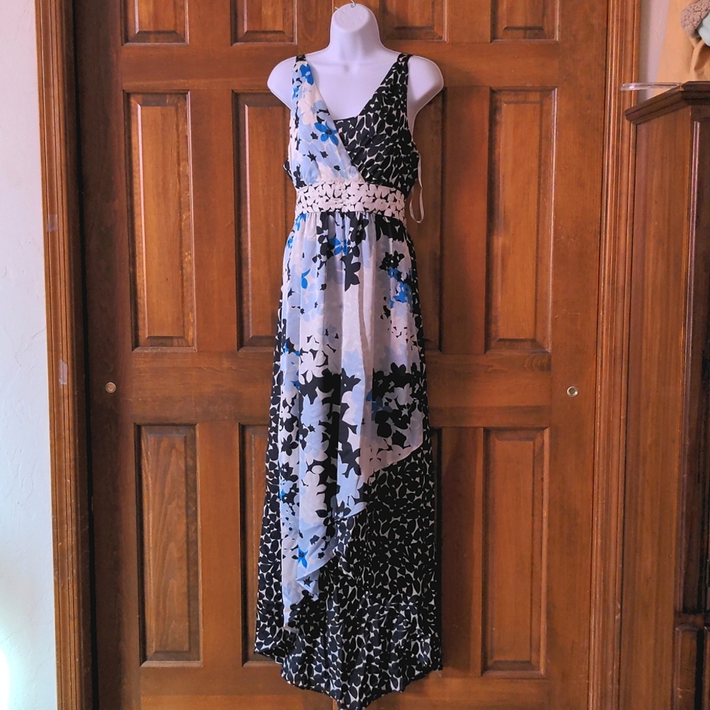New York & Company Blue, White, and Black Floral High Low Maxi Dress
